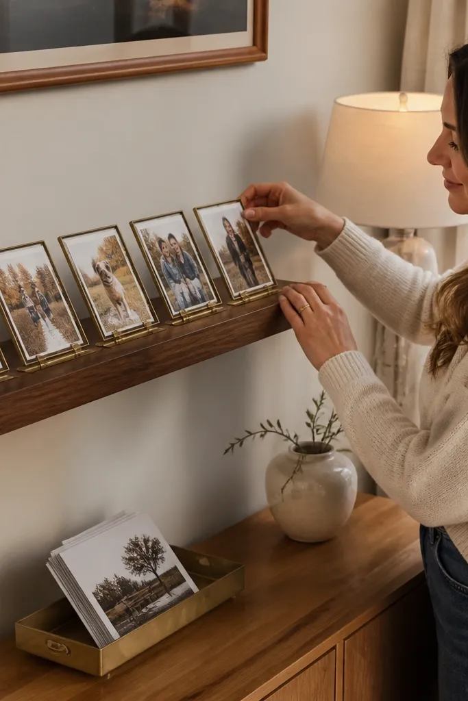 A short floating shelf holding small frames with some photos slightly leaned