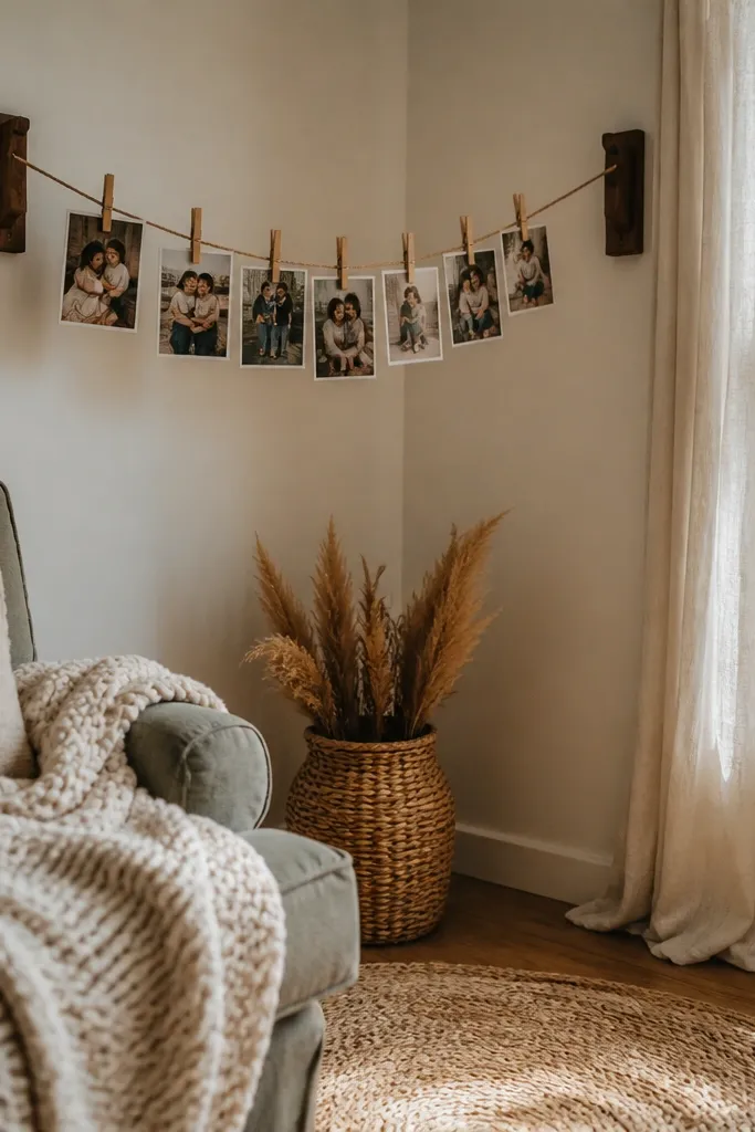 A clothesline with warm wooden clothespins holding prints