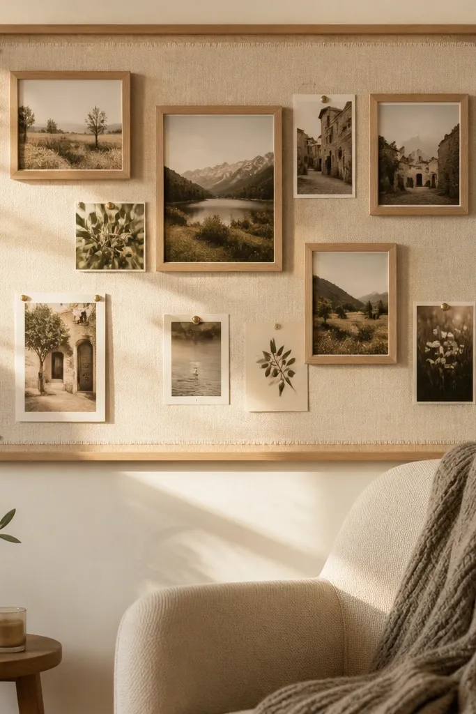 Photos pinned onto a linen or burlap fabric backdrop with a few frames