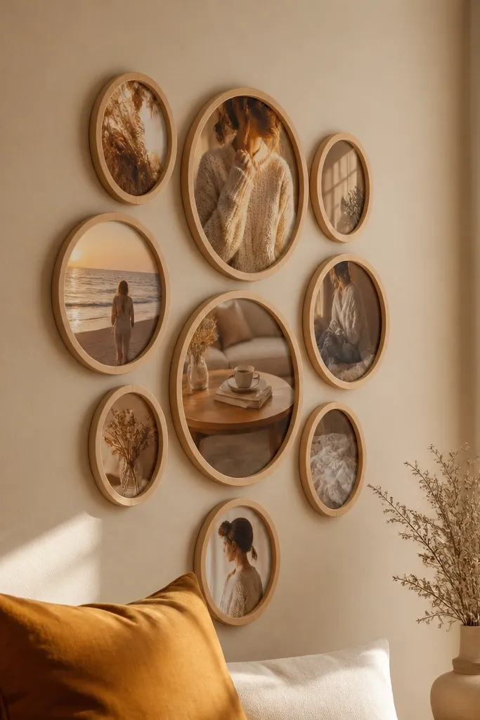 Three oval frames with warm photos arranged in a gentle cluster