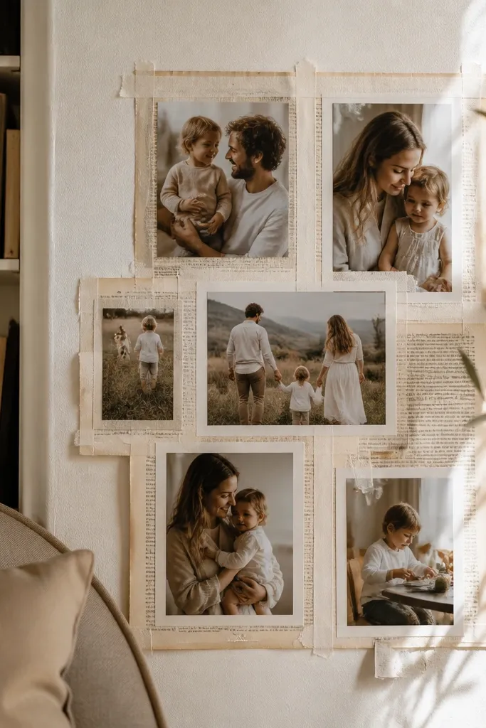 Photos cut out and placed over old book pages with linen tape borders