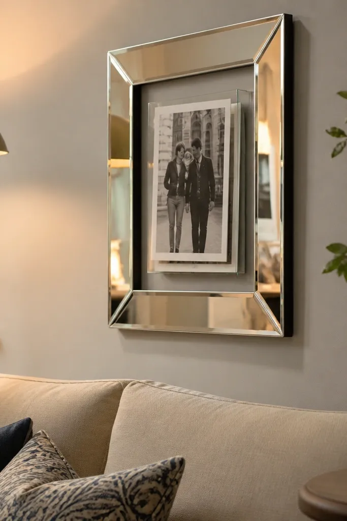 A mirror-like frame with photos arranged behind a glass panel