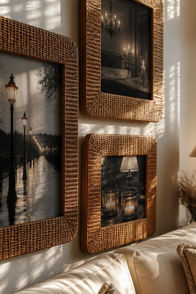 Woven rattan frames holding black and white photos in a grid