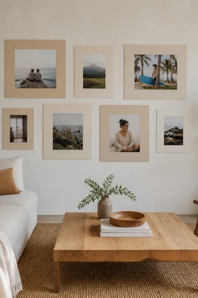 Multiple photos mounted on cream mat board with no outer frames