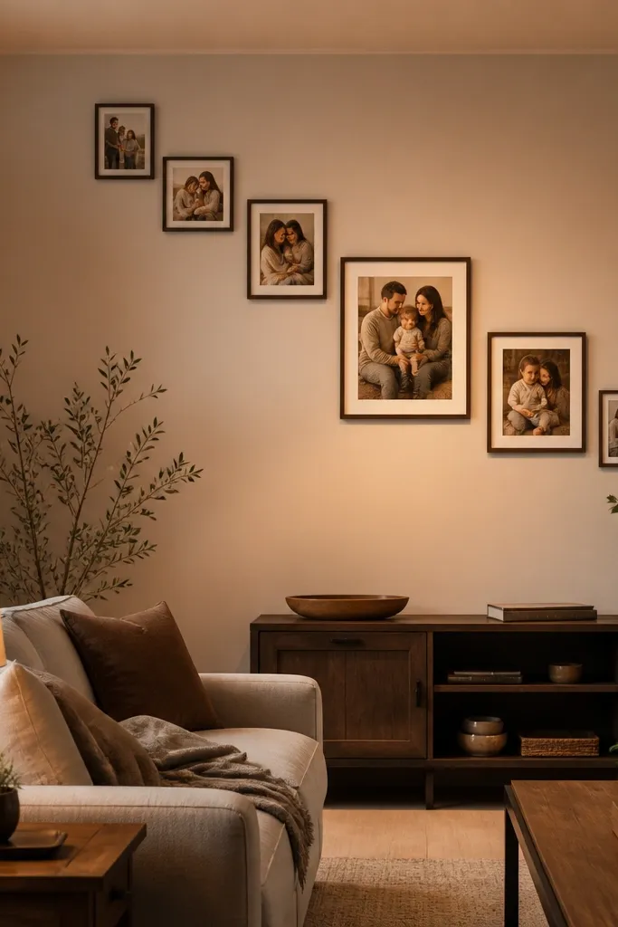 Photos arranged in a diagonal triangle from a corner toward the center