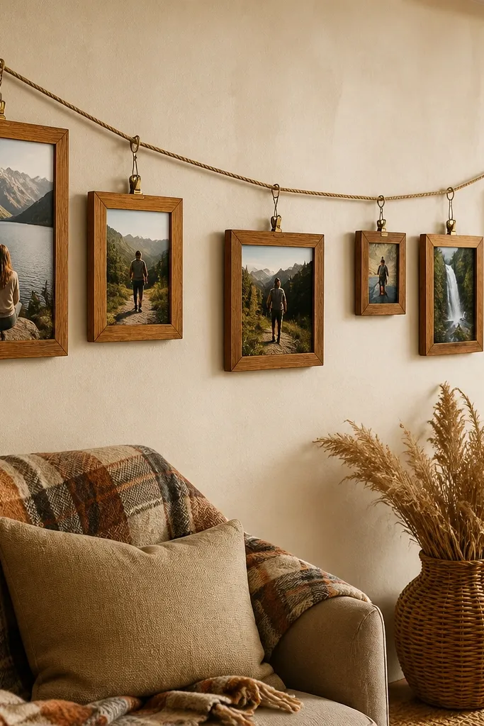Photos clipped to a rope strung between nails with warm tones