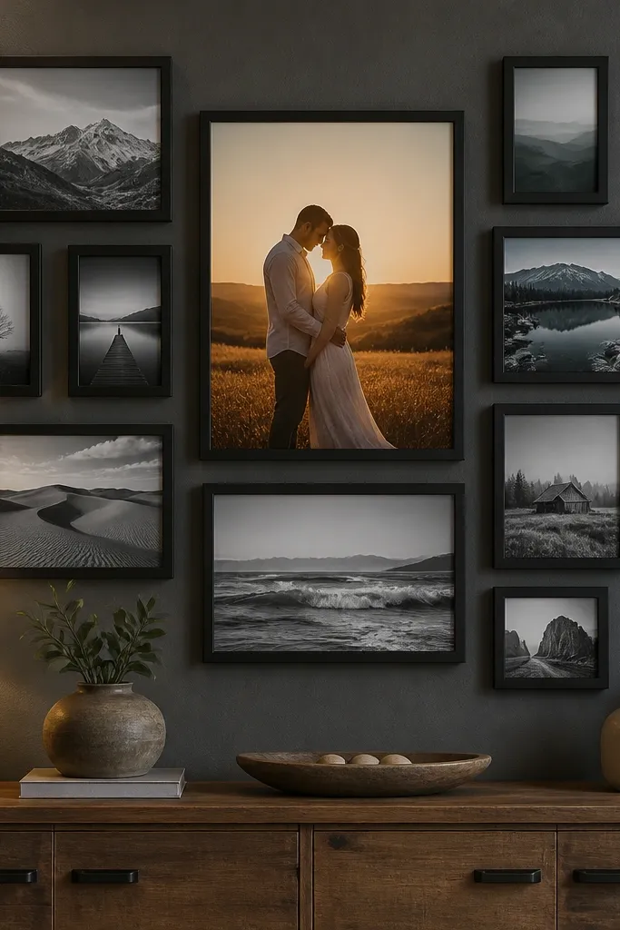Many black frames forming a mosaic with one large warm colored