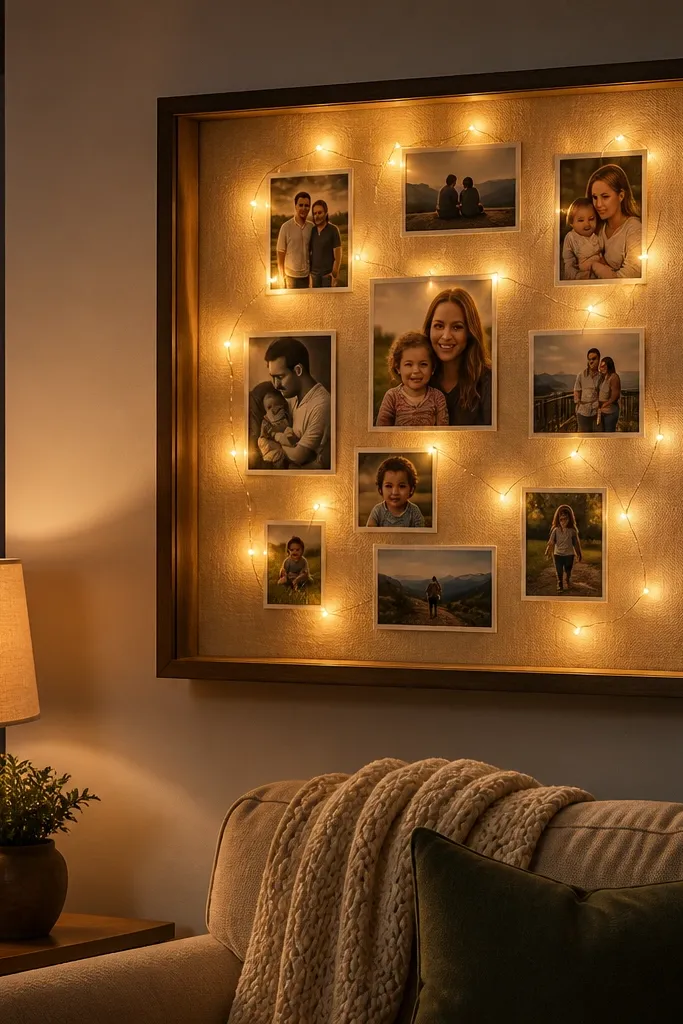 A large shadowbox with fabric backing and small photos plus subtle string lights