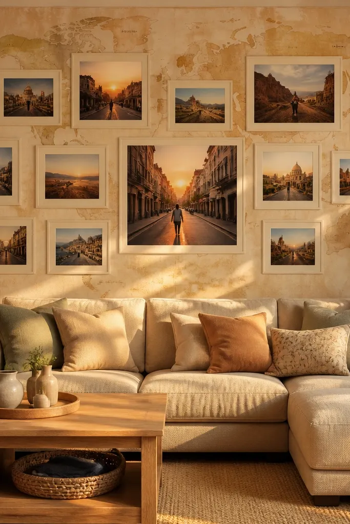 Travel photos mounted on warm paper mats arranged in a grid over a subtle map background