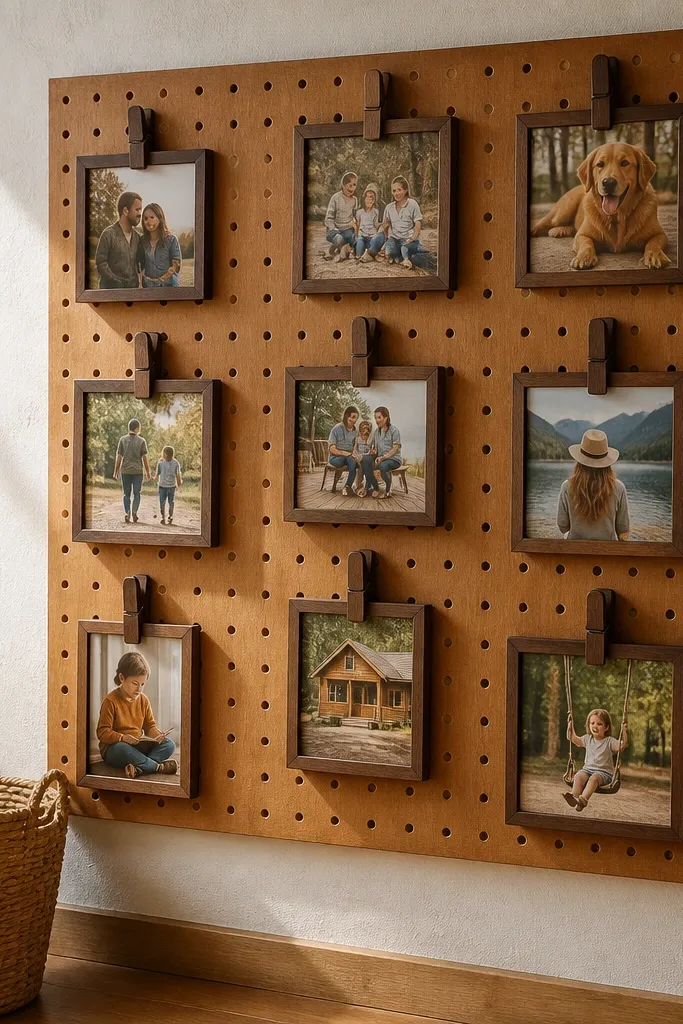 Pegboard wall with clip frames holding photos in a cozy arrangement