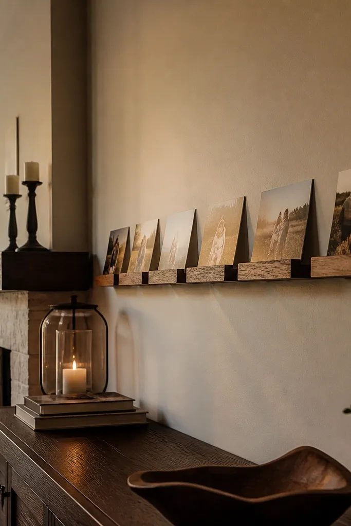 A horizontal line of photos on small ledges with slight vertical stacking