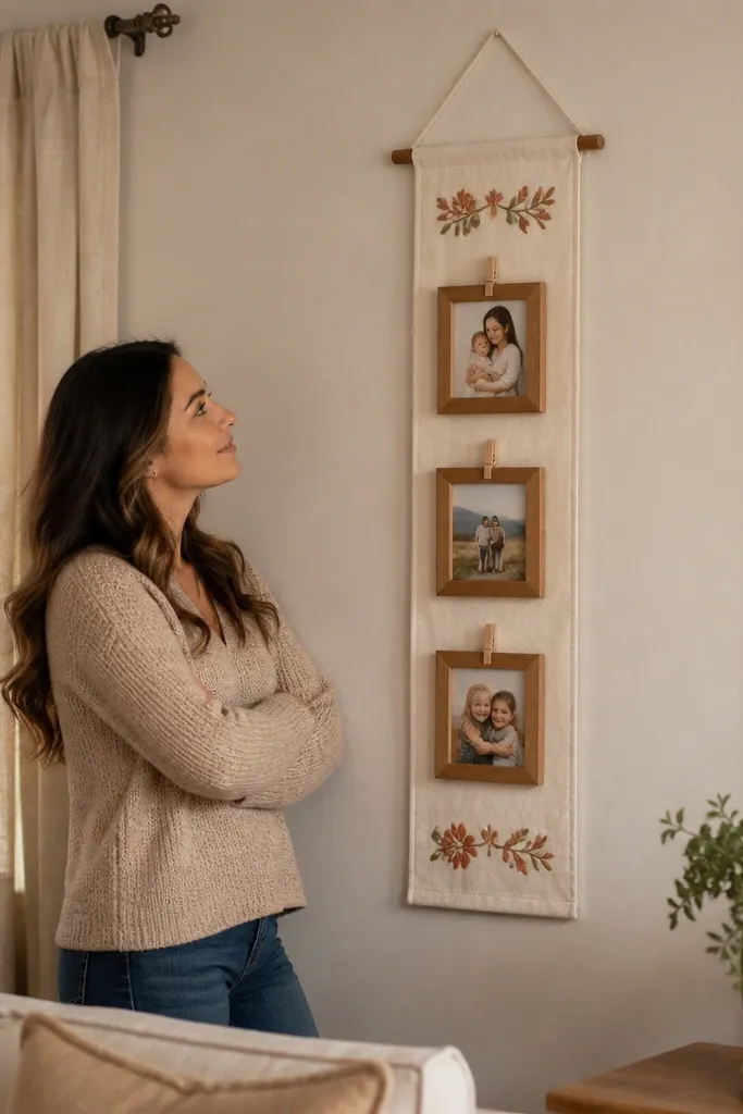 A fabric banner across the wall with mini frames clipped along it