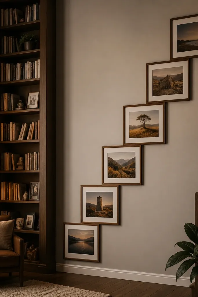 Frames arranged in a stair-step ladder pattern with photos in each step