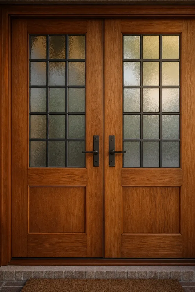 Honey shaker double doors with matte black grid glass and black hardware