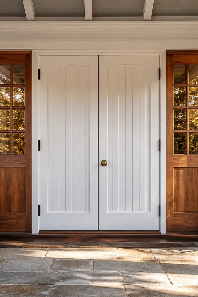 White beadboard double doors with walnut trim sidelights and brass hardware