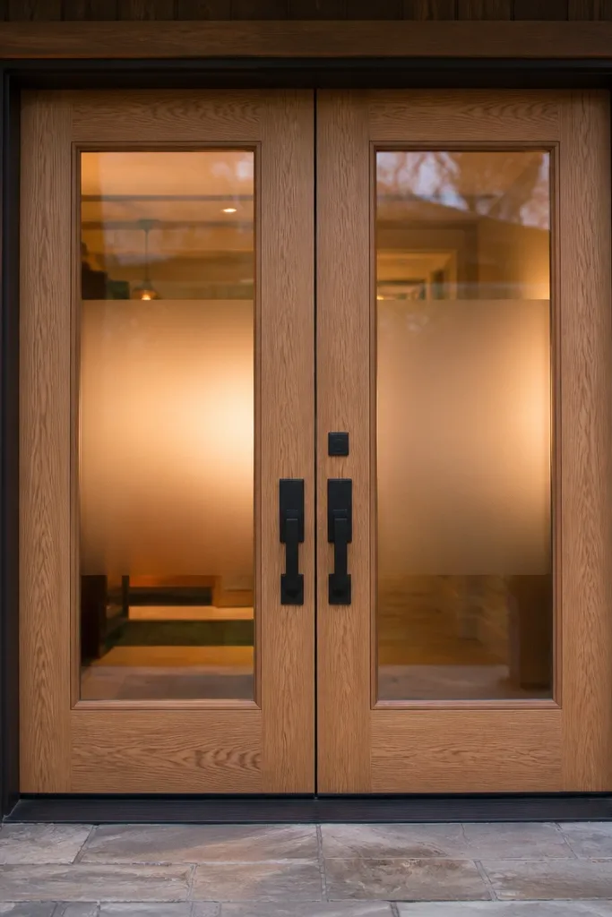 Natural oak double doors with clear-to-frosted glass panels and black trim