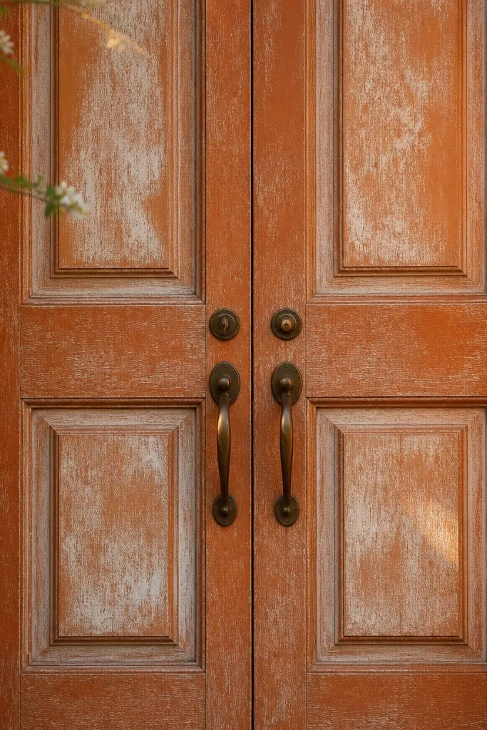 Terracotta double doors with whitewashed panel accents and bronze hardware