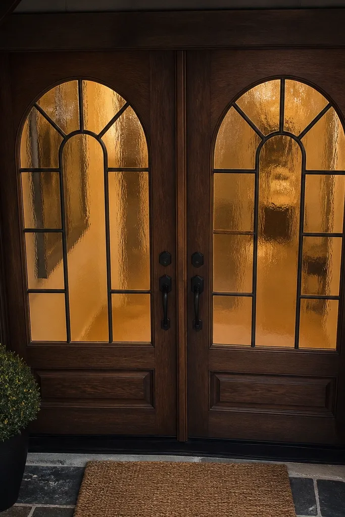 Walnut double doors with arched top glass and black muntins