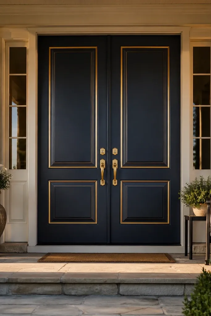 Dark blue double doors with brass inlay strips and warm brass knobs