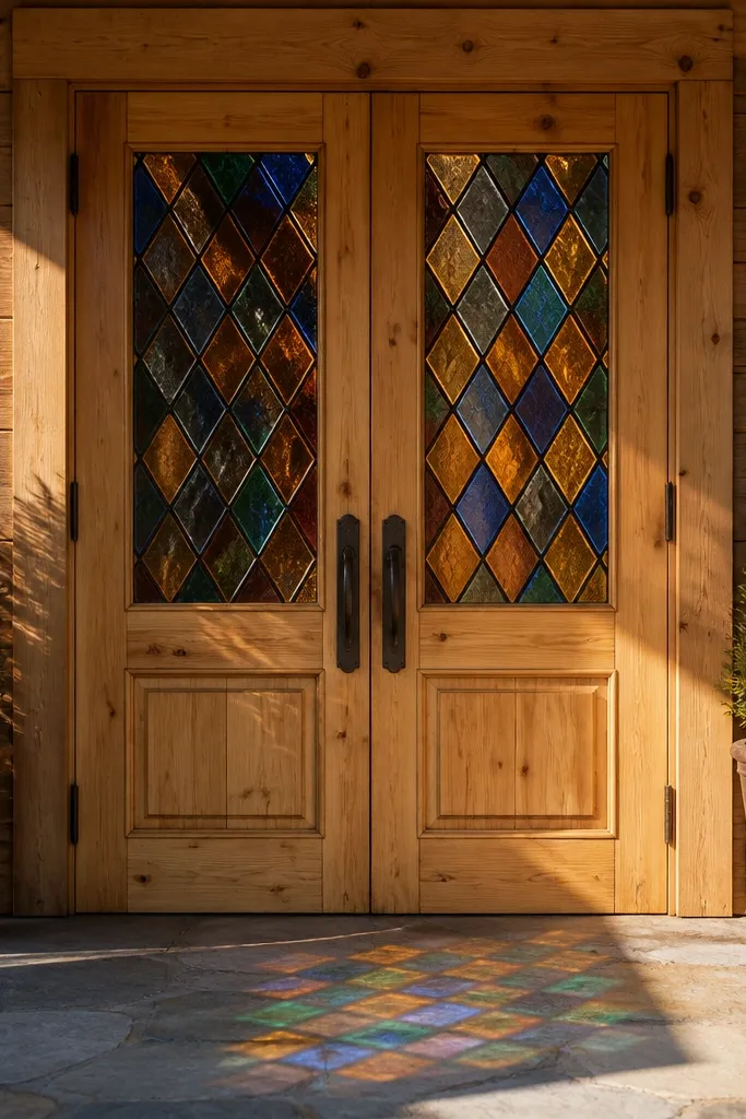 Natural pine double doors with stained glass half-panels and black hardware
