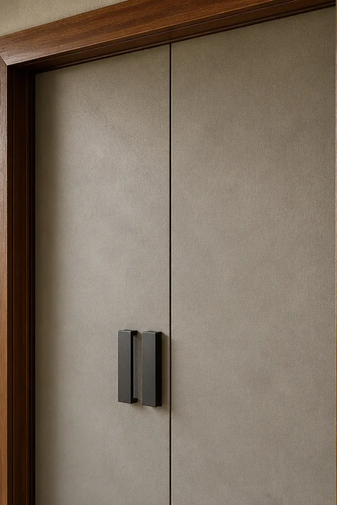 Textured double doors with smooth warm wood frame and matte black hardware