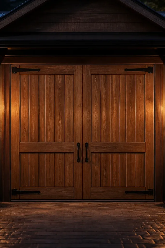 Rustic double doors with vertical slats and lanterns beside the entry