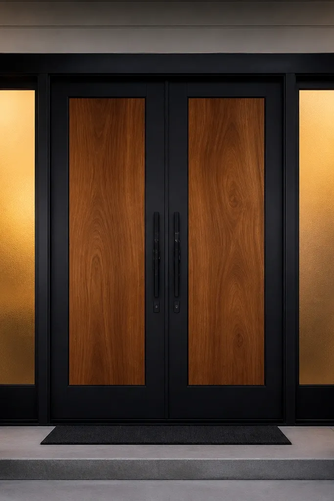 Black-framed double doors with warm wood centers and frosted sidelites