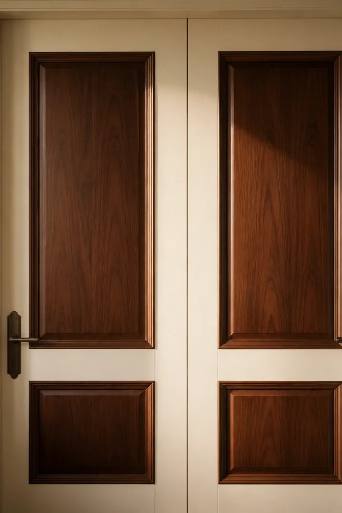 Cream double doors with dark walnut raised panel inserts and bronze hardware