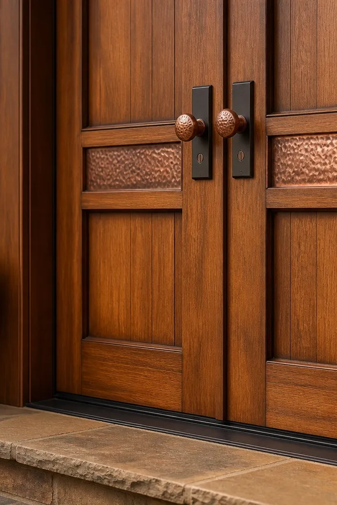 Cedar-toned double doors with copper knobs and hammered metal accents