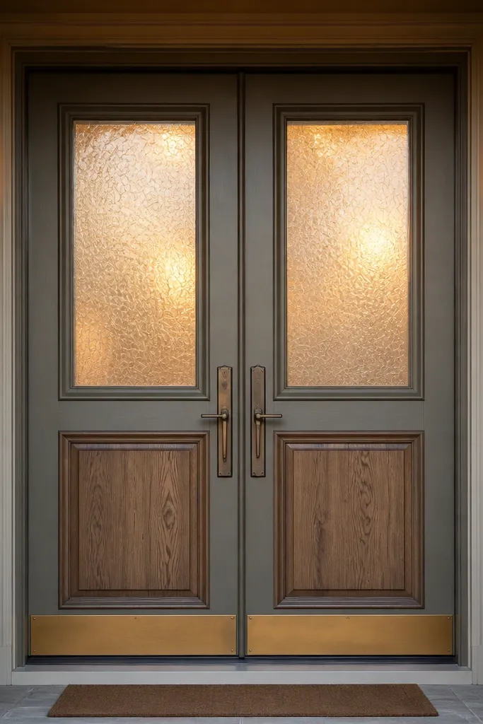 Two-tone double doors with warm wood lower panels and painted upper glass