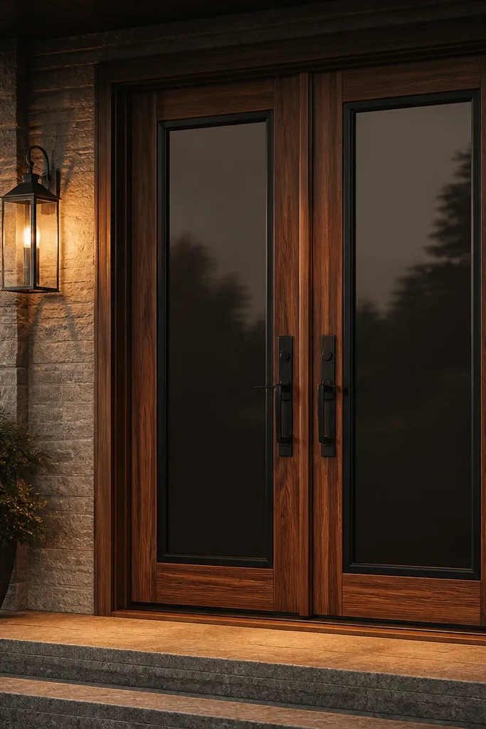 Walnut double doors with smoked glass and thin black frames