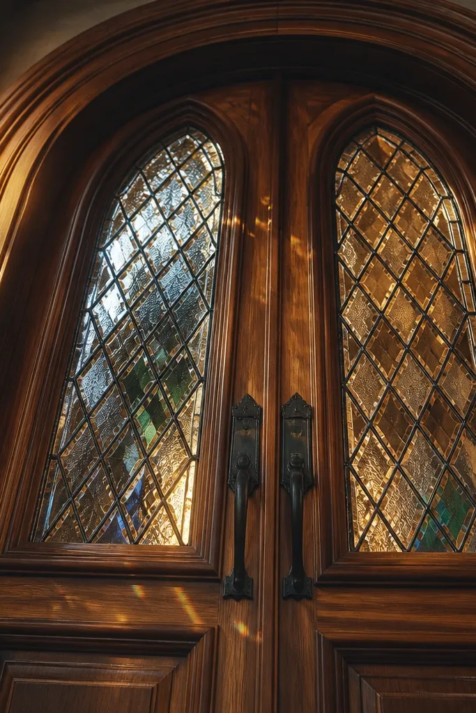 Double doors with arched tops and stained glass diamond pattern