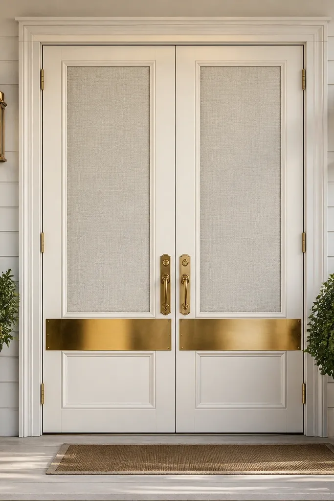 Cream double doors with vertical linen-look panels and brass kick plate