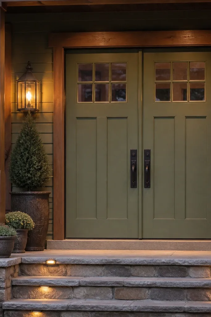 Olive green double doors with warm wood frame and lantern sconces