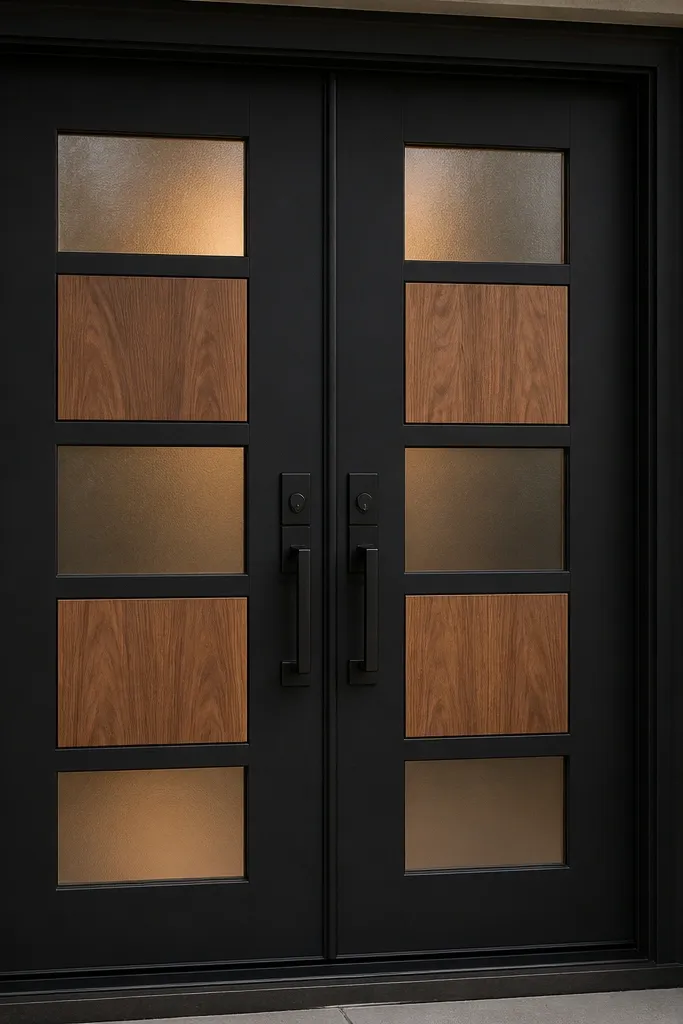 Matte black double doors with warm wood inlay squares and frosted glass panes