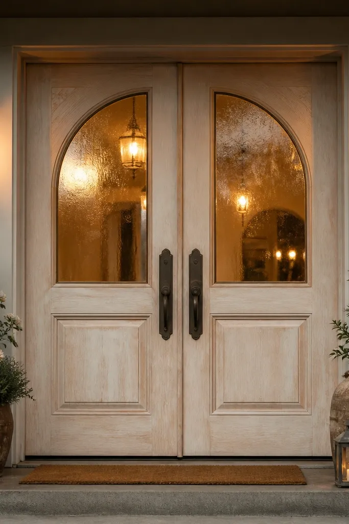 Whitewashed oak double doors with soft arched glass and antique bronze hardware