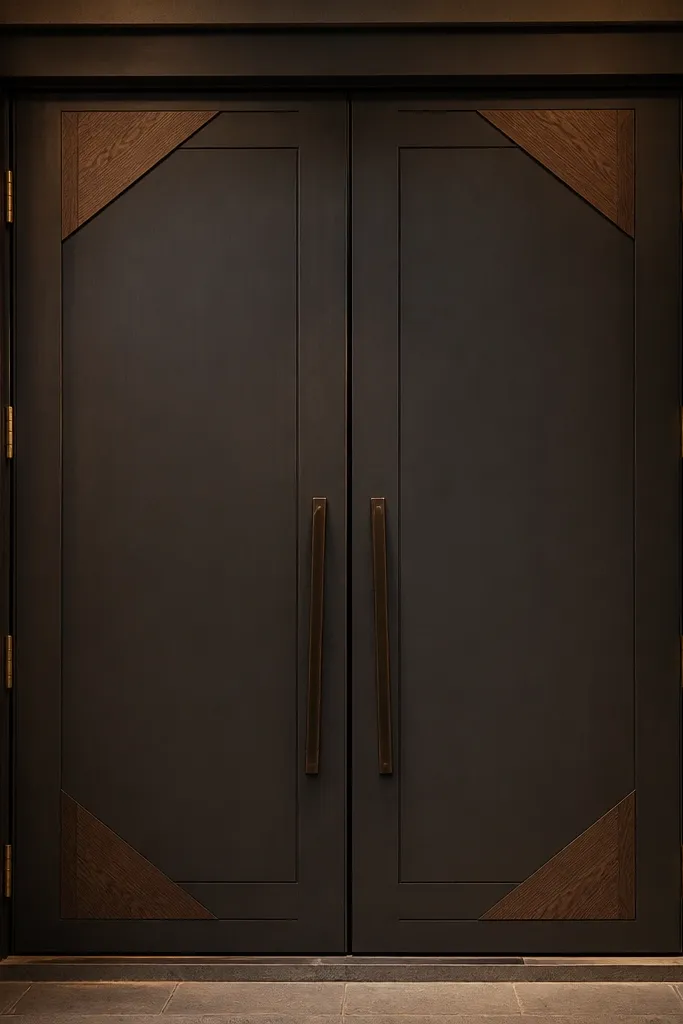 Smoked gray double doors with warm wood corner panels and brass hinges