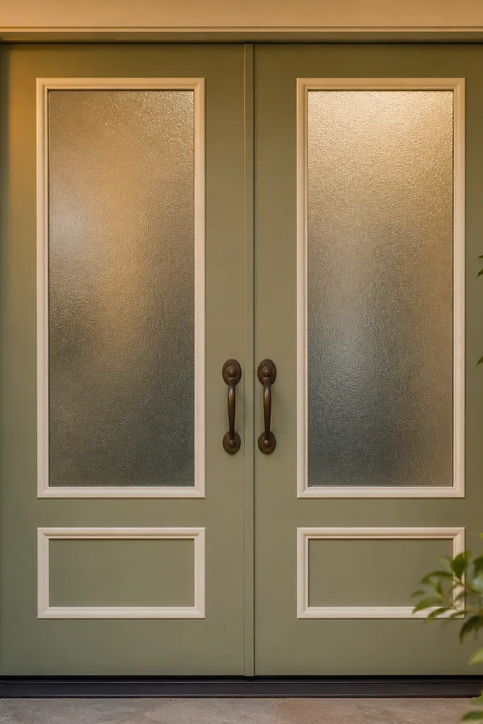 Matte sage double doors with warm cream borders and frosted glass panels