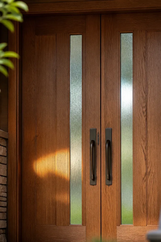Warm oak double doors with vertical glass ribbons and bronze pulls