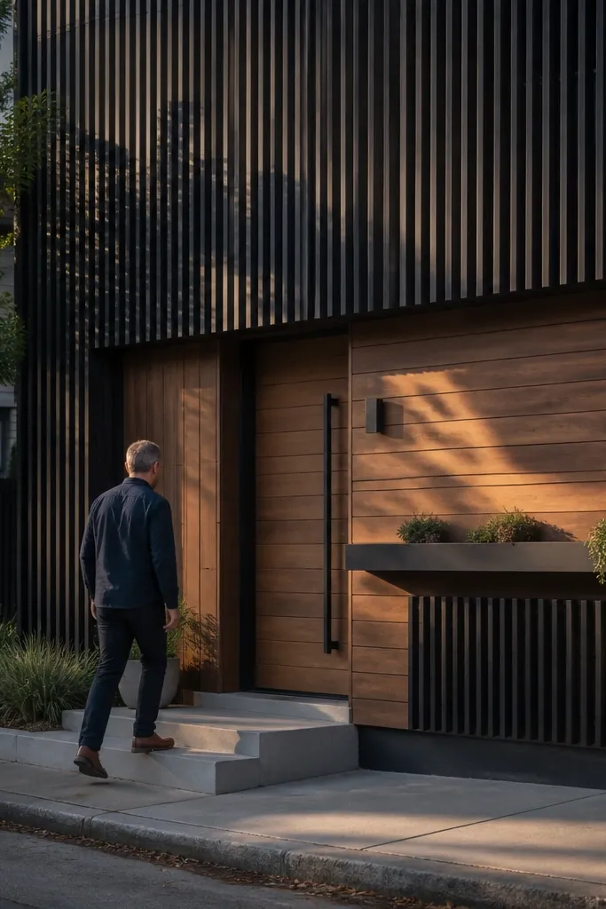 Charcoal vertical slats with a warm cedar band around a modern front door