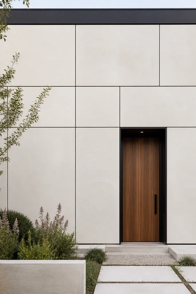 White microcement wall panels with thin black trim around windows and door