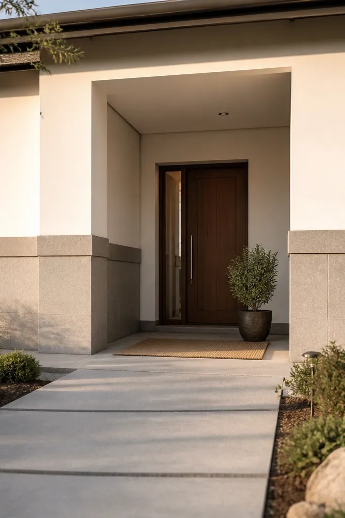 Matte stone lower wall, white plaster upper wall, slim horizontal cladding stripe