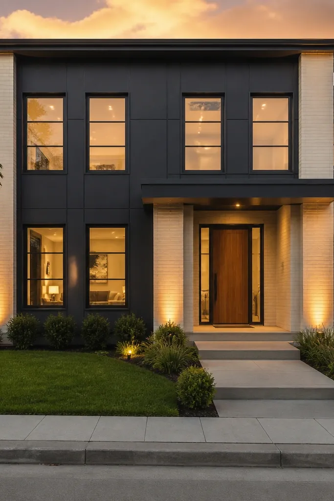 Warm white corner renders with charcoal central panels forming a grid