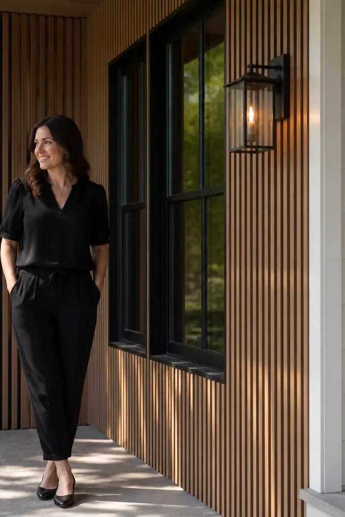 Black-framed windows and a cedar slat screen on the porch side wall