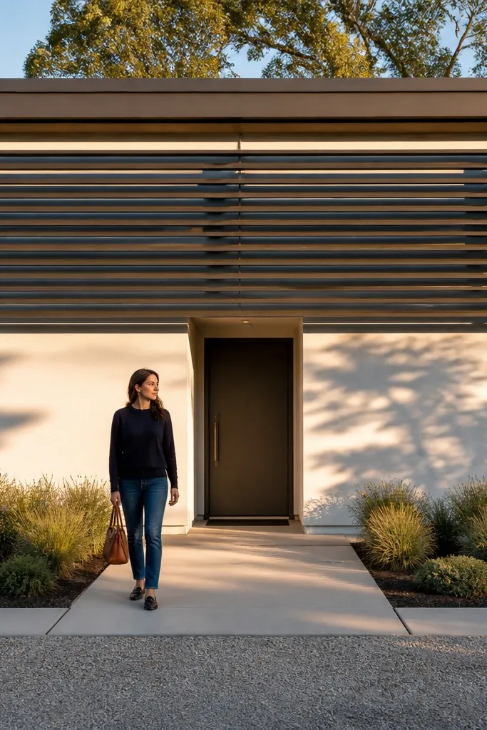 Matte black horizontal fins over an off-white facade wall