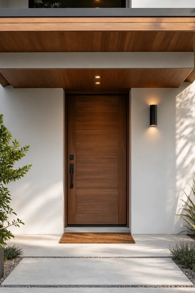 Wood cladding canopy over the front door with a flat white panel above