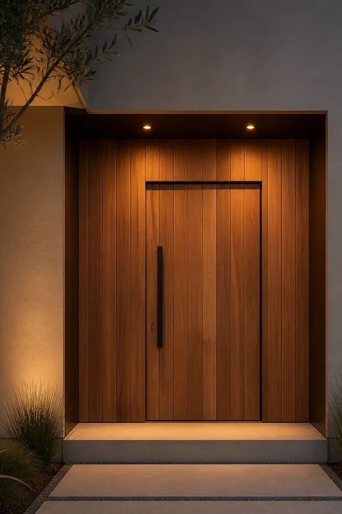 Cedar vertical boards with a recessed door niche and warm lights