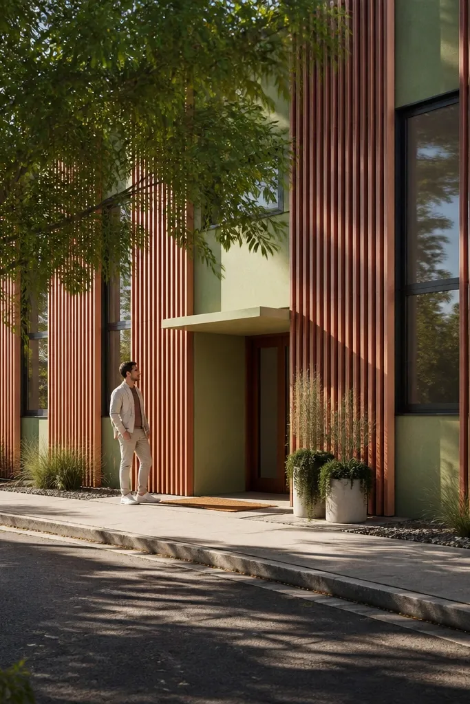 Terracotta vertical micro-slats over a matte lime render wall