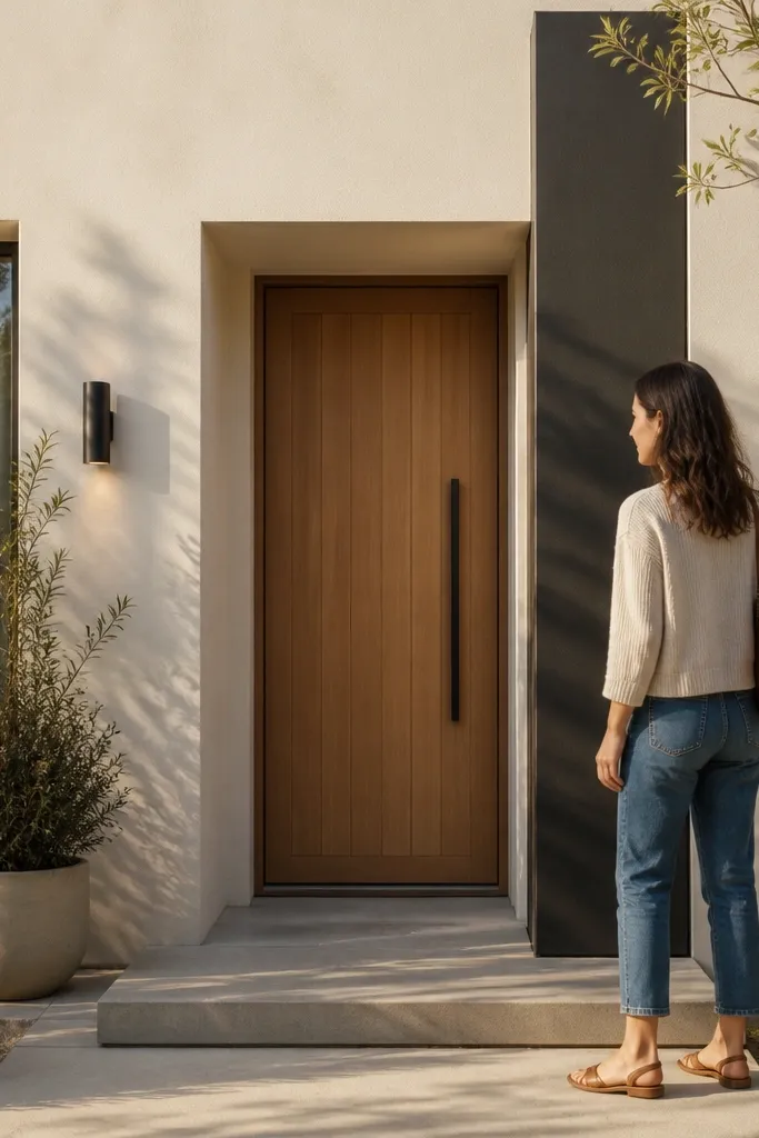 Warm white stucco with one dark vertical fin beside the front door