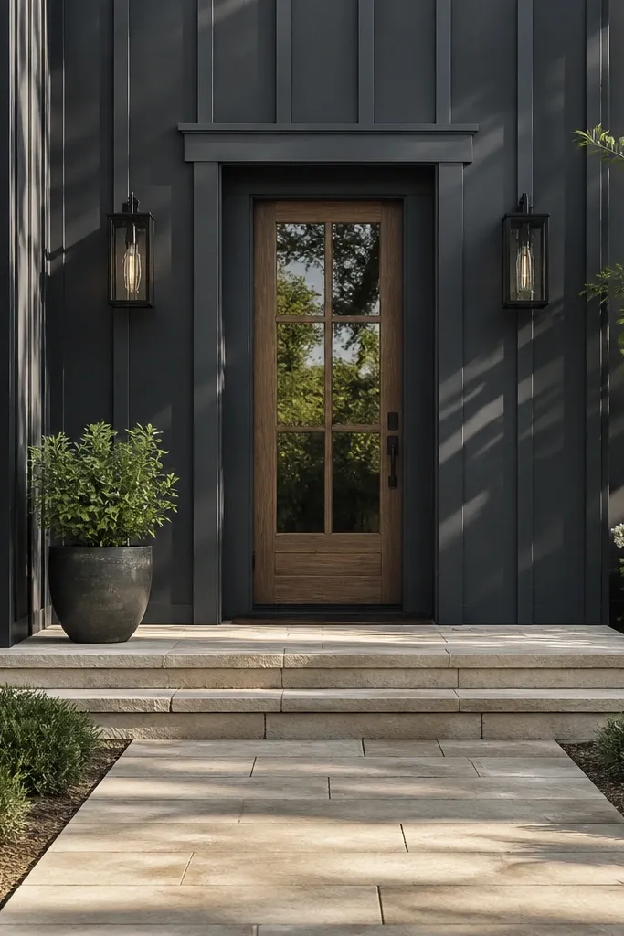 Charcoal board-and-batten facade with a light stone step and matching door surround